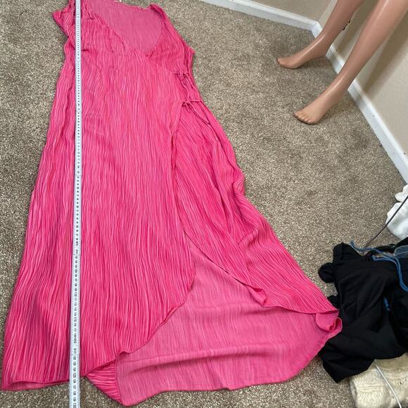 Pink dress true wrap lightweight crinkle cut V-neck waist tie SZ LG Boho vibrant - Picture 7 of 9